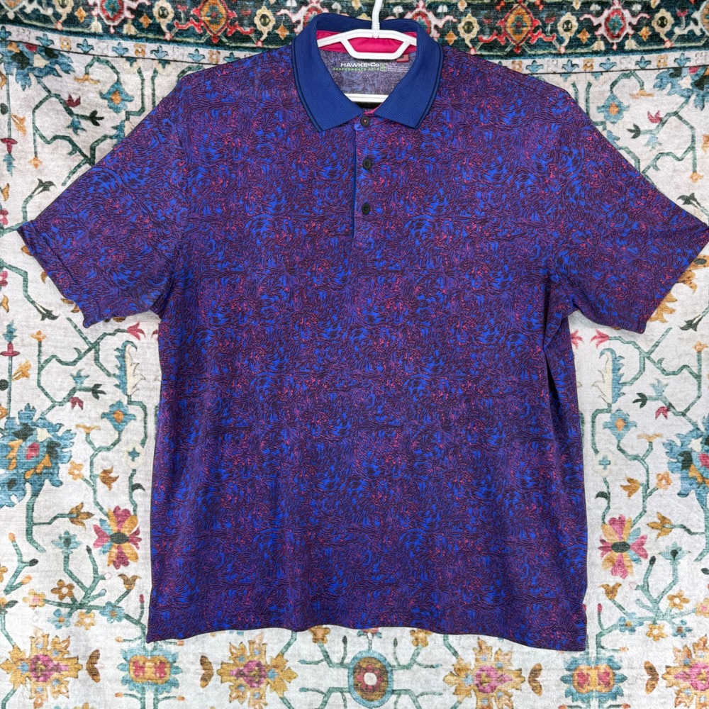 Hawke & Co Performance Golf Polo Shirt Mens XL Blue Purple Abstract HSW3170